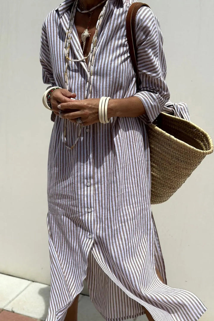 Women's Striped Button-Down Midi Shirt Dress for Effortless Style