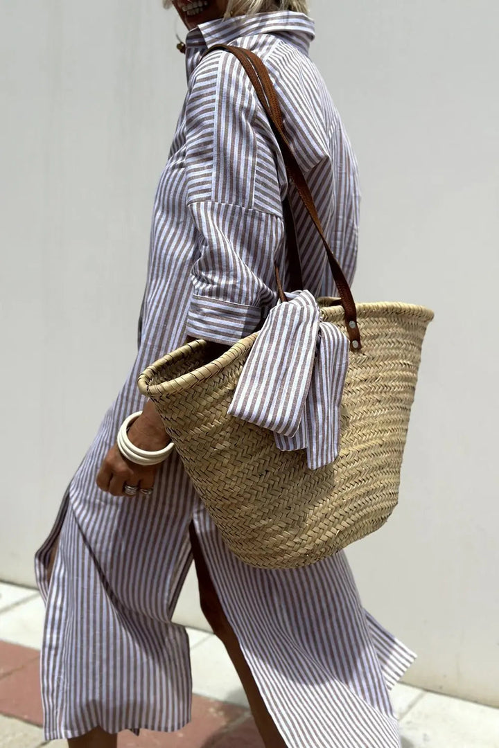 Women's Striped Button-Down Midi Shirt Dress for Effortless Style