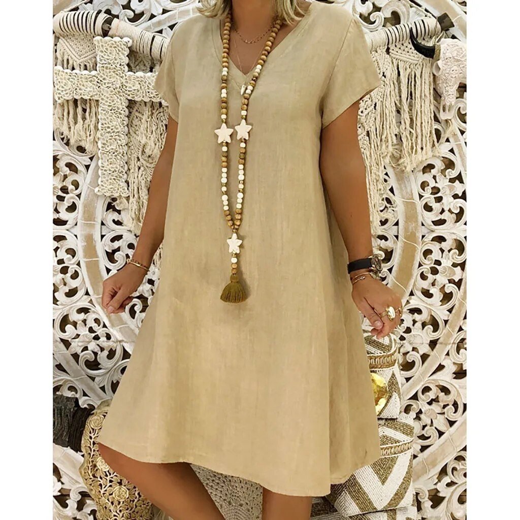 Scarlett | Linen V-Neck A-Line Mini Dress Short Sleeve Summer