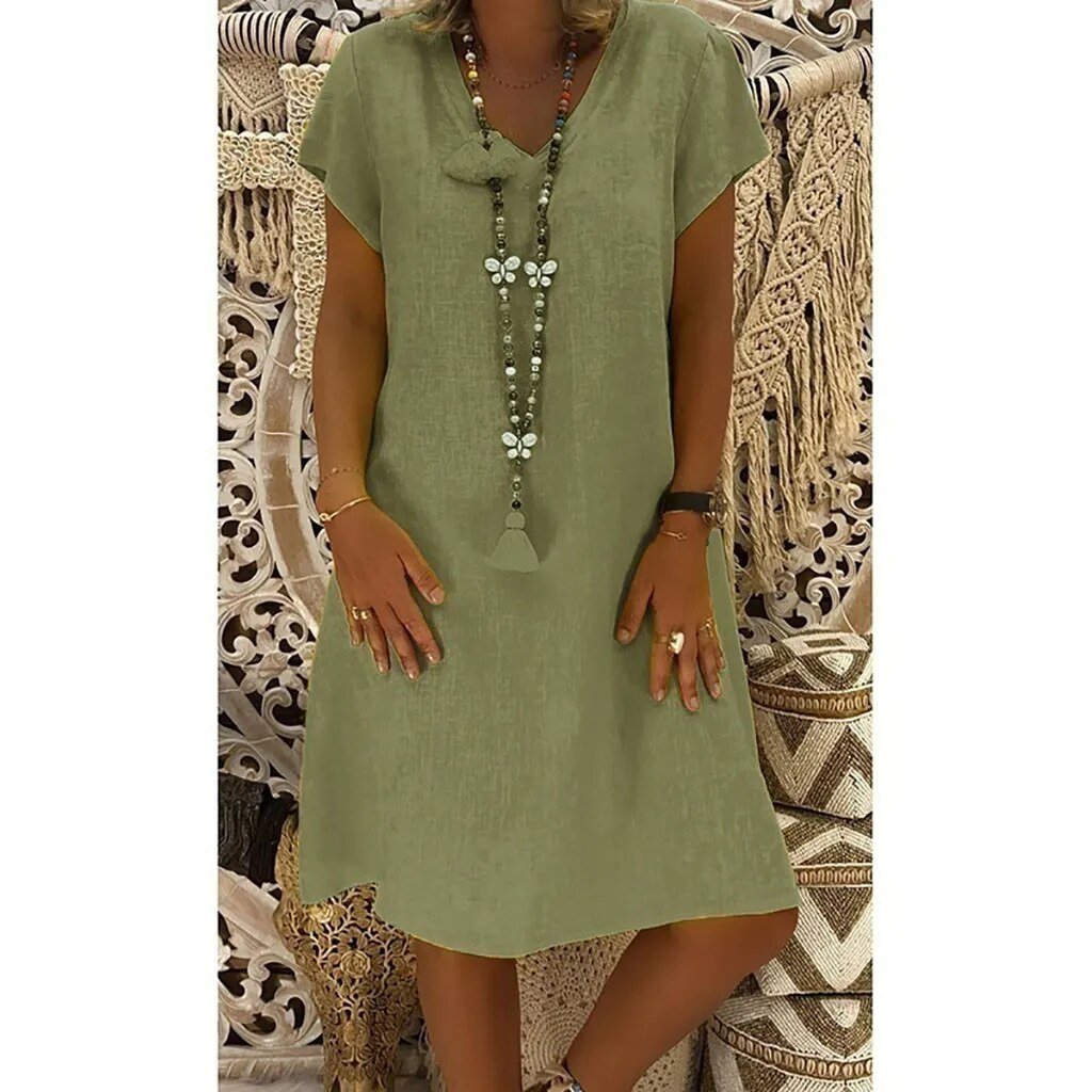 Scarlett | Linen V-Neck A-Line Mini Dress Short Sleeve Summer