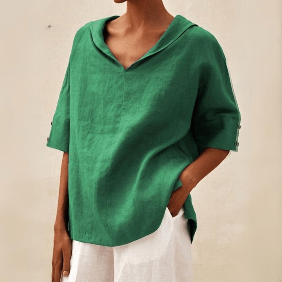 Evelyn | Linen V-Neck Tunic Top Collared Oversized Relaxed Fit