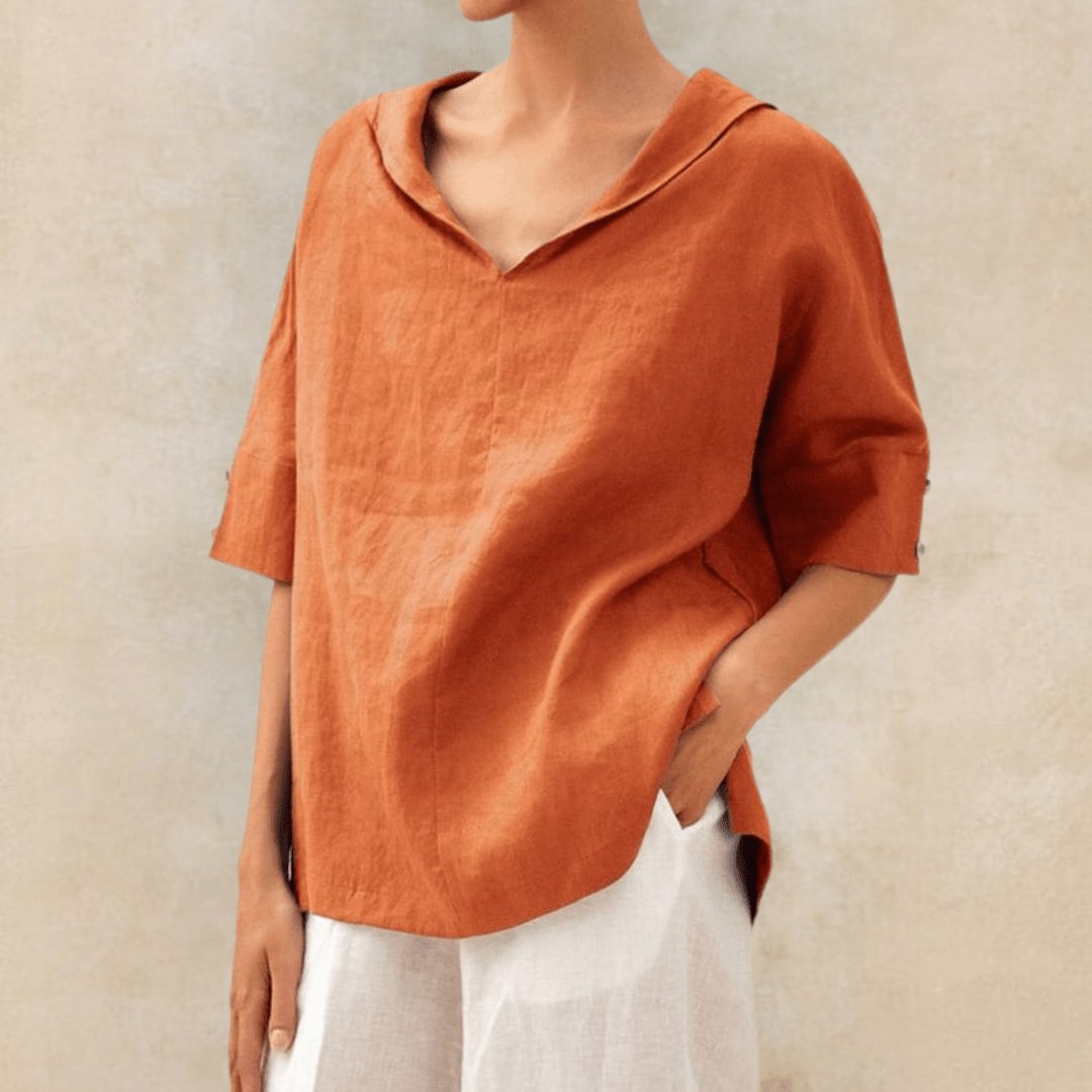 Evelyn | Linen V-Neck Tunic Top Collared Oversized Relaxed Fit