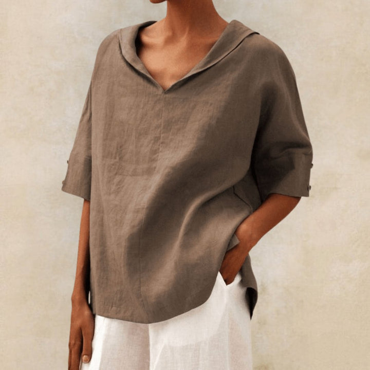 Evelyn | Linen V-Neck Tunic Top Collared Oversized Relaxed Fit