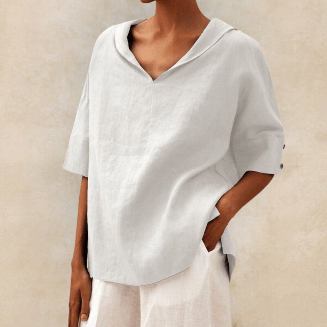 Evelyn | Linen V-Neck Tunic Top Collared Oversized Relaxed Fit