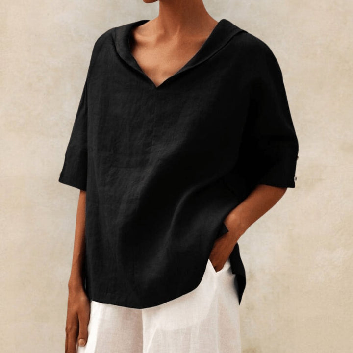 Evelyn | Linen V-Neck Tunic Top Collared Oversized Relaxed Fit
