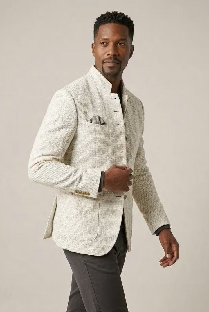Linen Blazer with Stand-Up Collar for Men