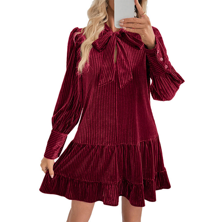 Elegant Velvet Mini Dress with Long Sleeves and Bow Detail for Women