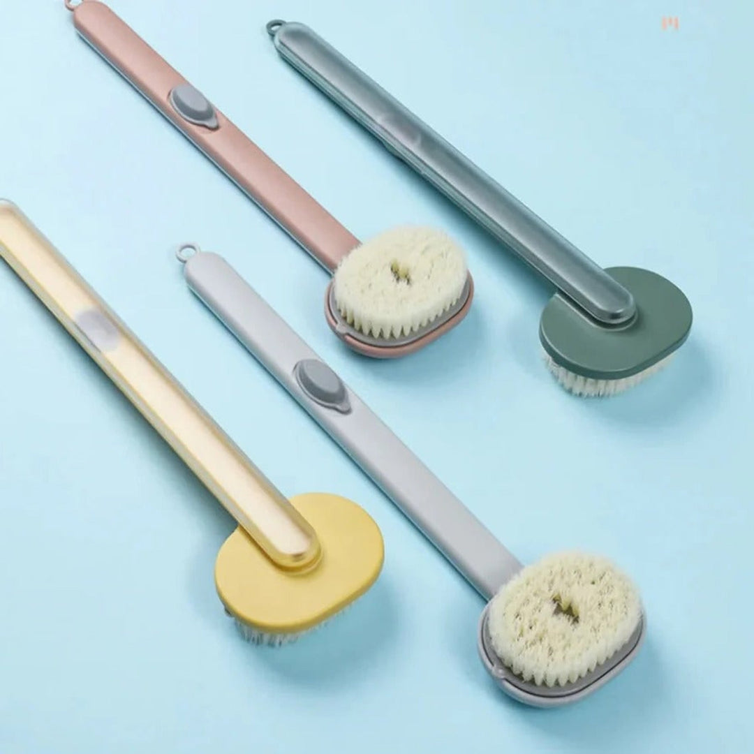 Long Handle Back Scrubber For Shower With Built-In Gel Dispenser And Soft Nylon Bristles