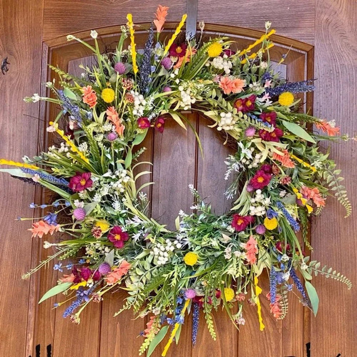 Lush Door Wreath with Realistic Blossoms and Balanced Color Accents