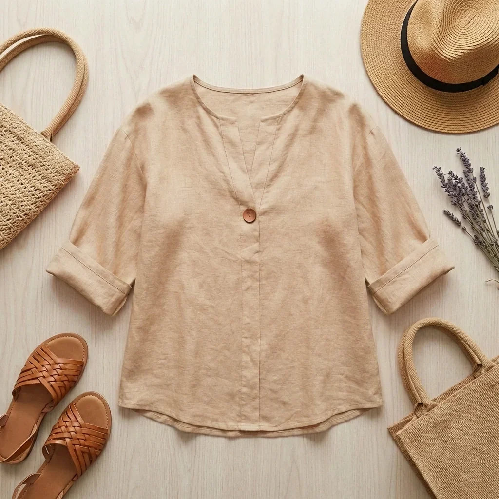 Women's Linen Blend V-Neck Tunic – Casual Comfort Blouse