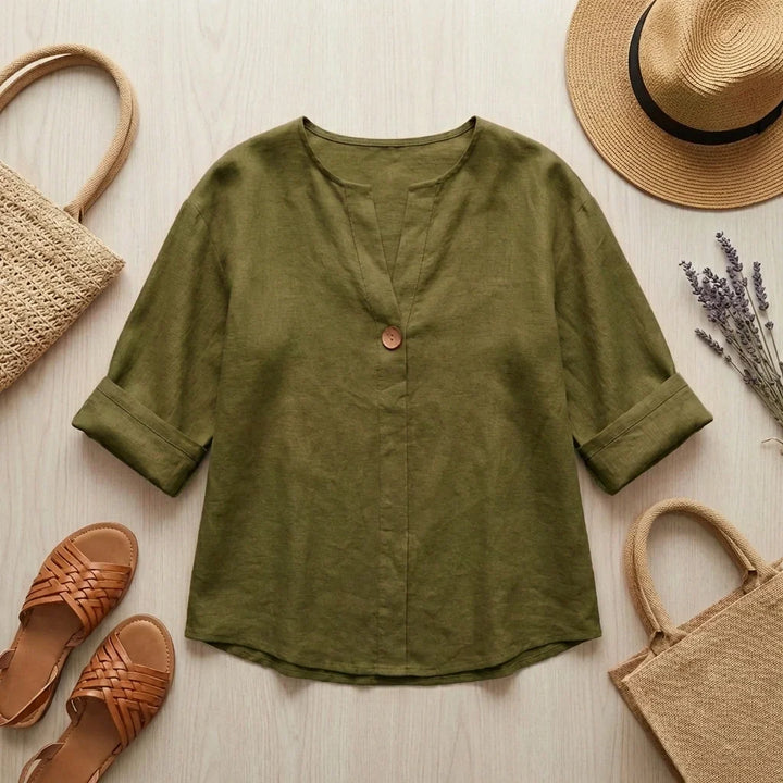 Women's Linen Blend V-Neck Tunic – Casual Comfort Blouse