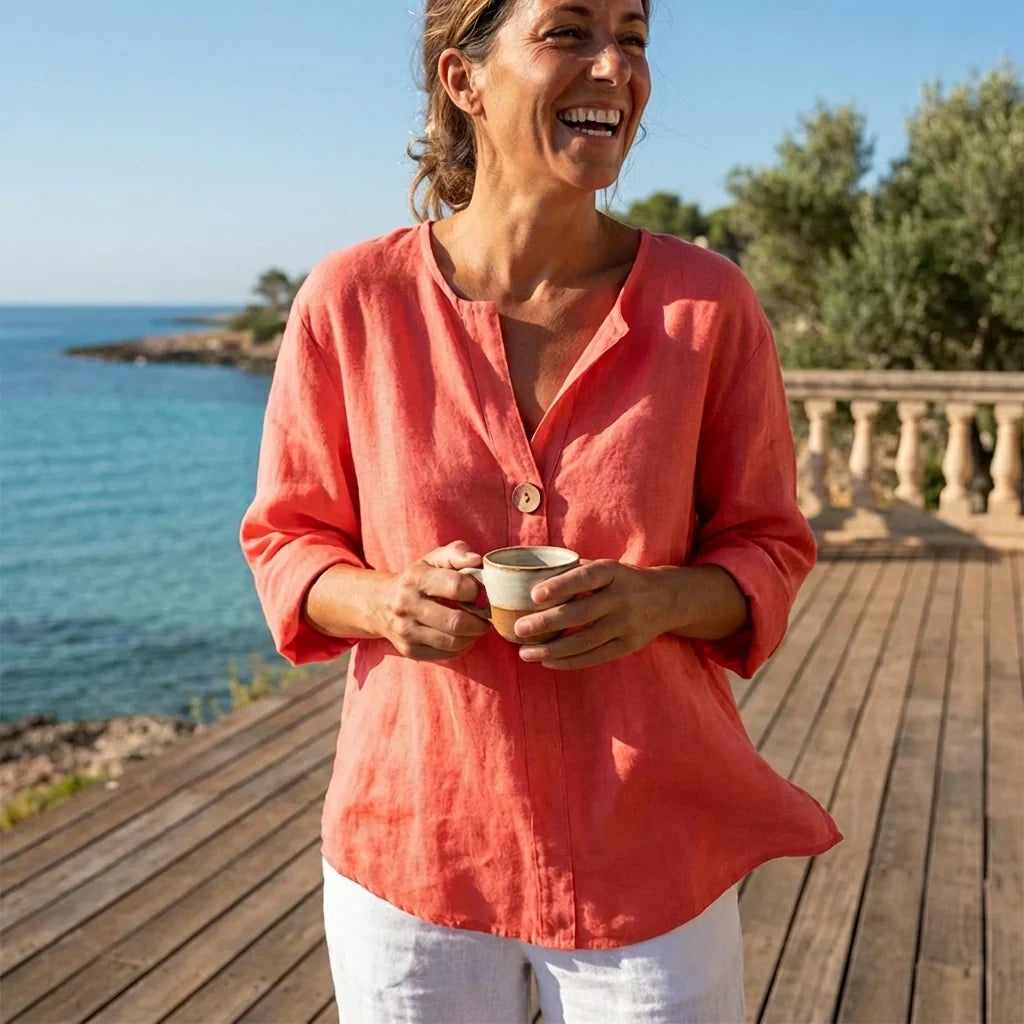 Women's Linen Blend V-Neck Tunic – Casual Comfort Blouse