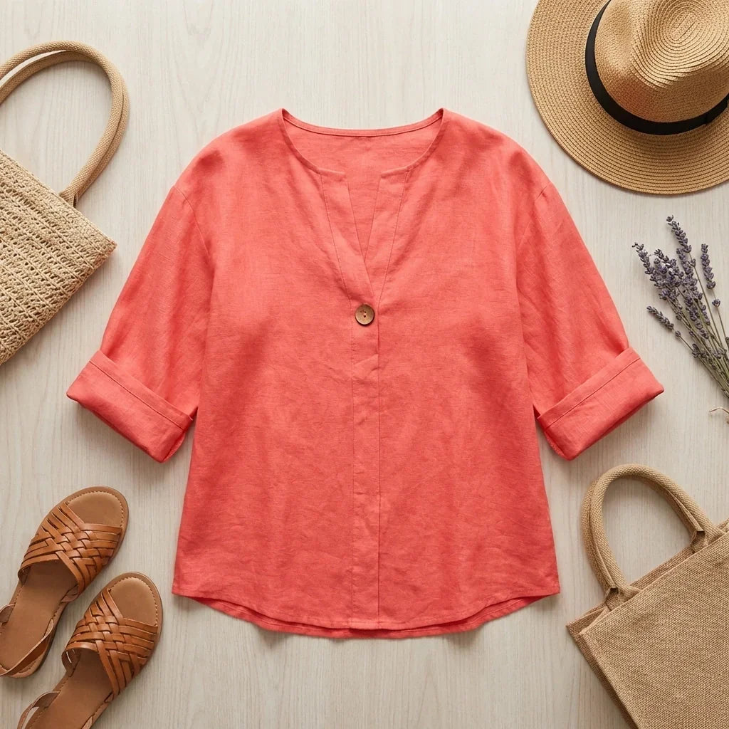 Women's Linen Blend V-Neck Tunic – Casual Comfort Blouse