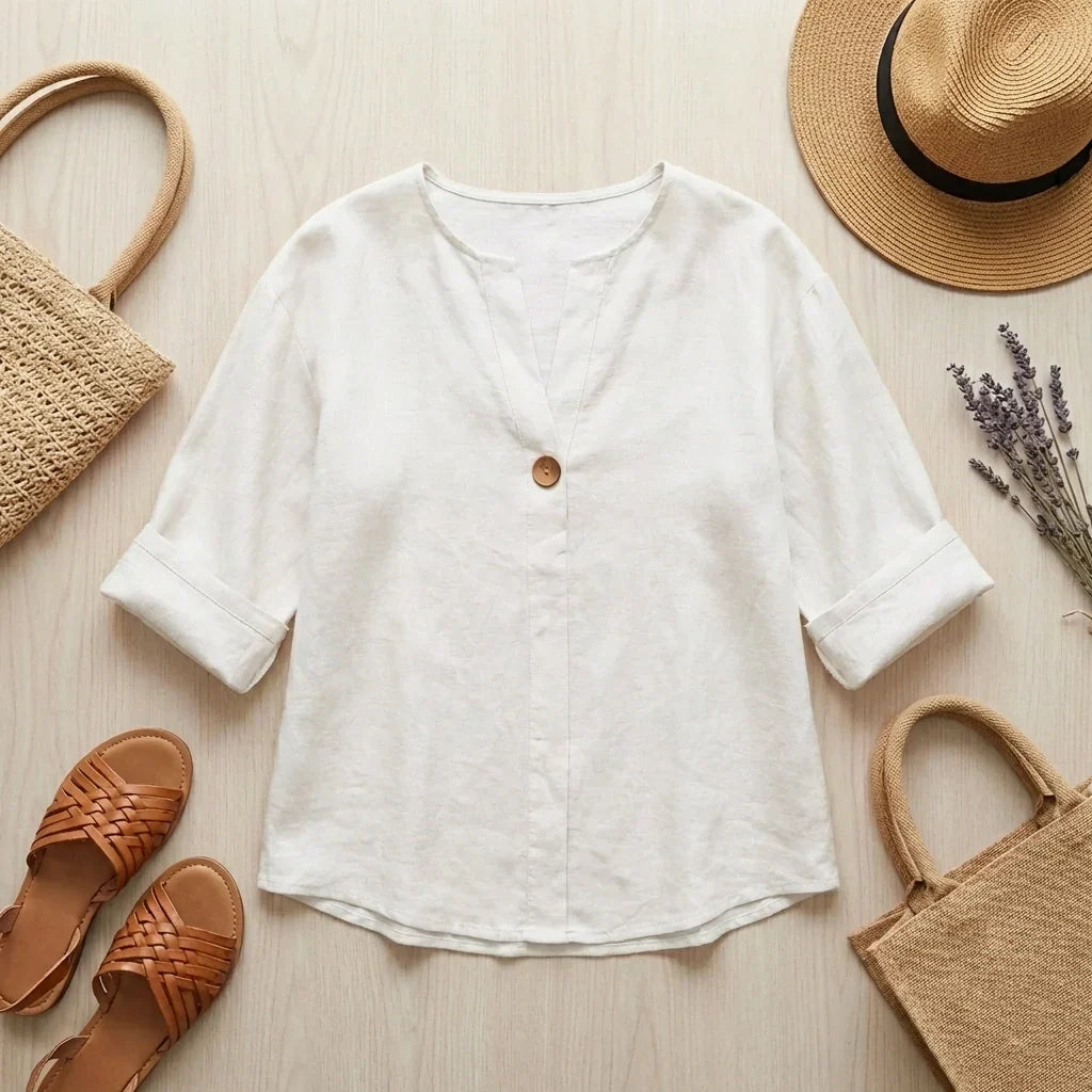 Women's Linen Blend V-Neck Tunic – Casual Comfort Blouse