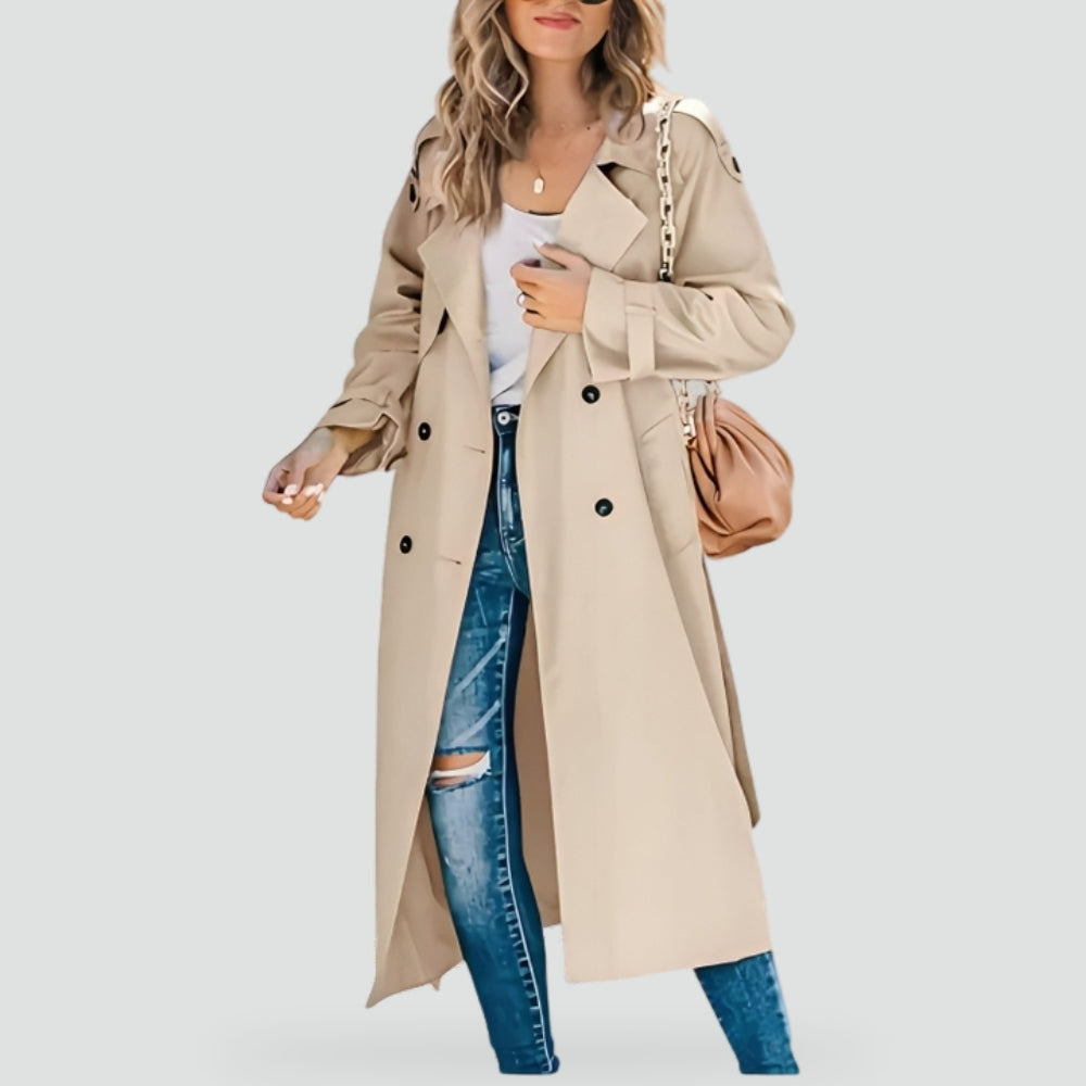 Luxe Women's Trench Coat with Double-Breasted Buttons and Turn-Down Collar