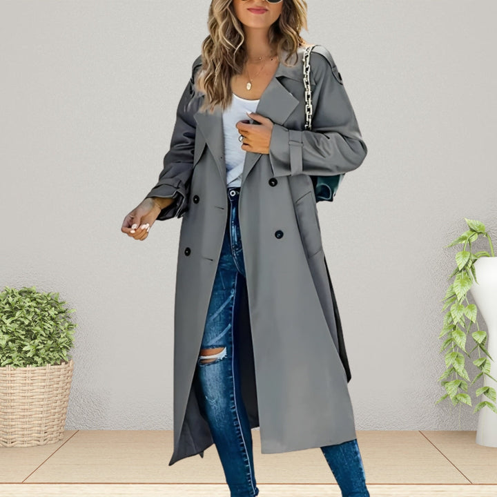 Luxe Women's Trench Coat with Double-Breasted Buttons and Turn-Down Collar