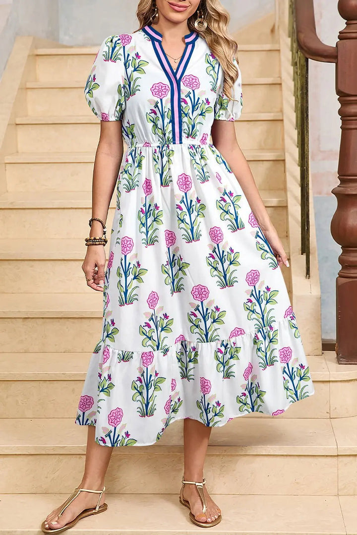 White Floral Ruffle Hem Pop of Color Neckline Dress