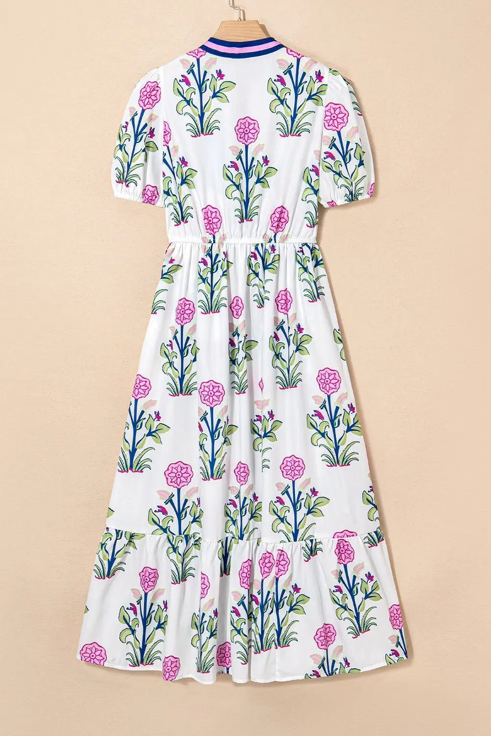 White Floral Ruffle Hem Pop of Color Neckline Dress