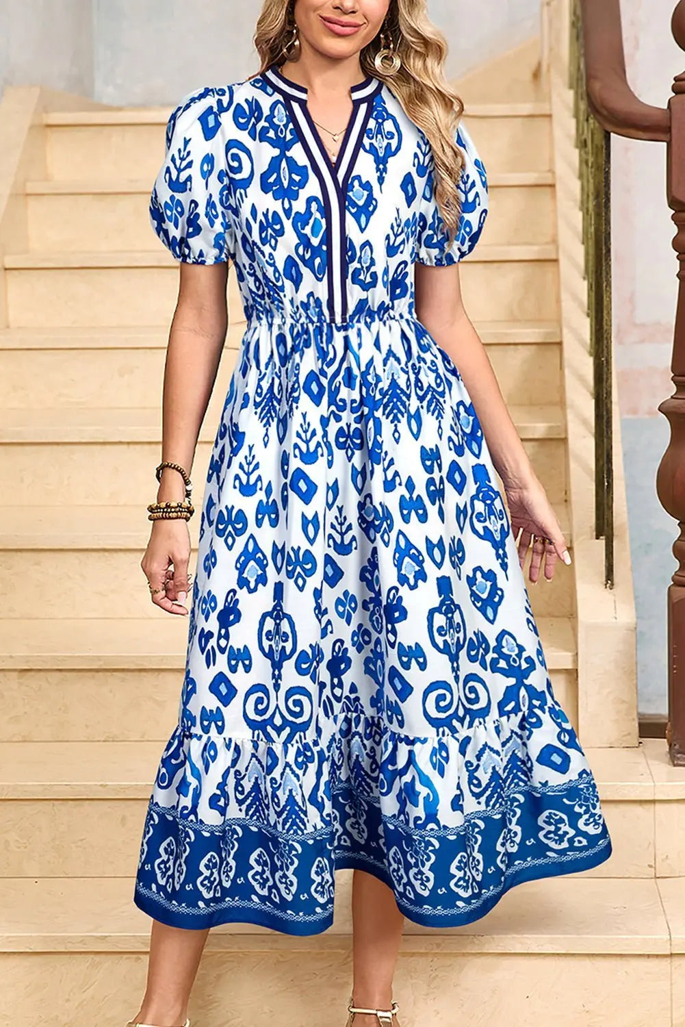 White Floral Ruffle Hem Pop of Color Neckline Dress