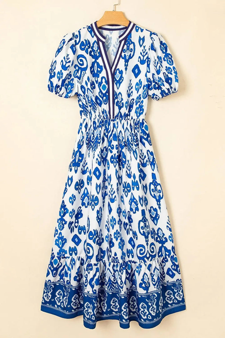 White Floral Ruffle Hem Pop of Color Neckline Dress