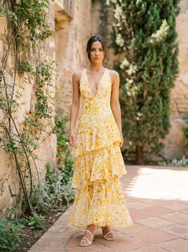 Floral print dress with deep V-neck by Emma & Rose Cape Town, featuring a flowing silhouette and vibrant flower pattern.