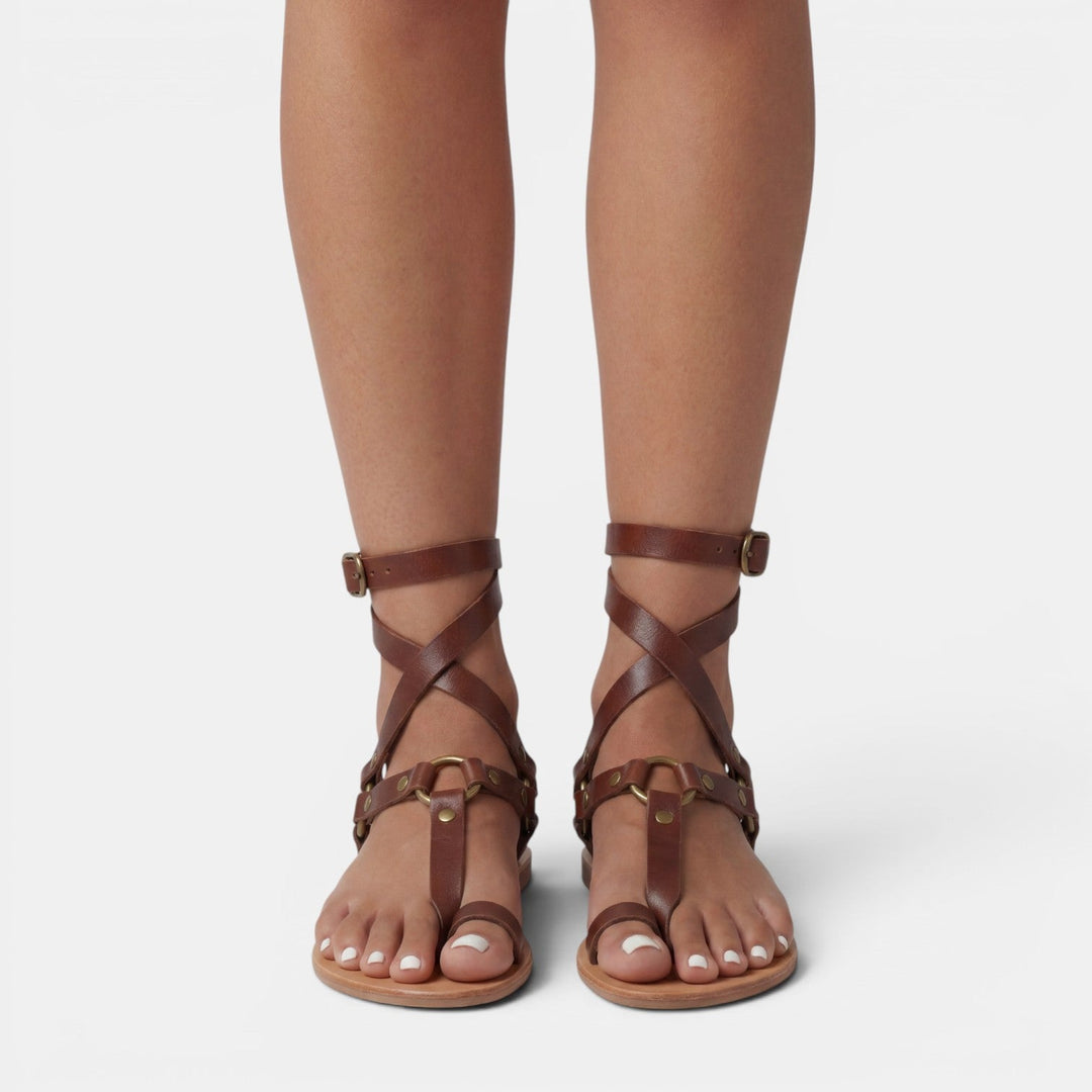 Women's Flat Sandals with Snake Print and Straps