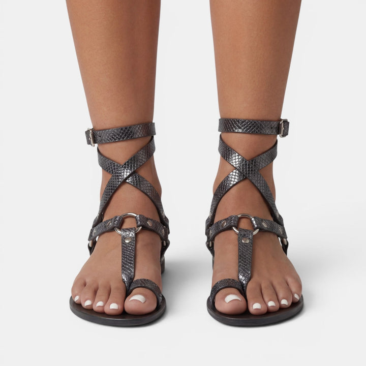 Women's Flat Sandals with Snake Print and Straps