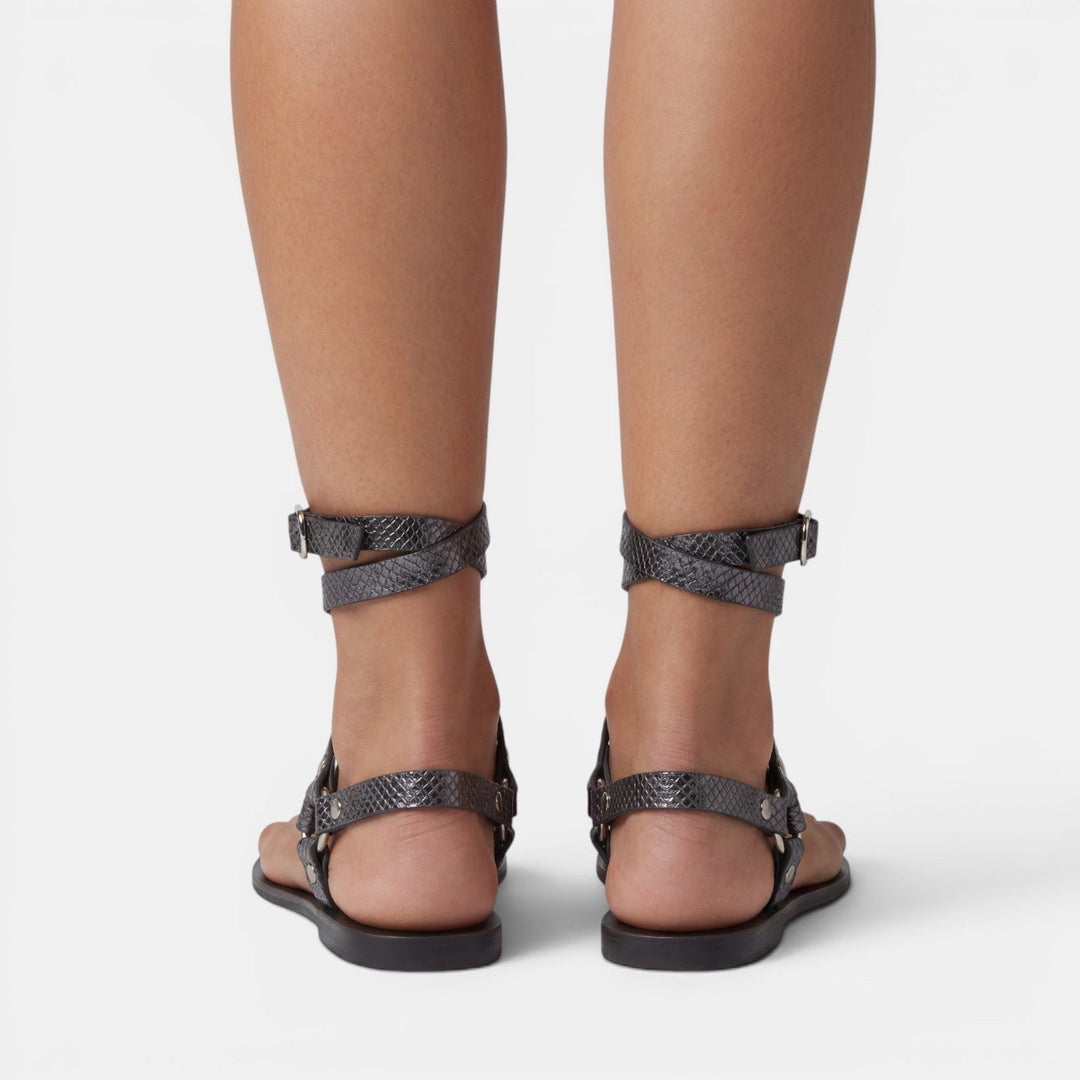 Women's Flat Sandals with Snake Print and Straps