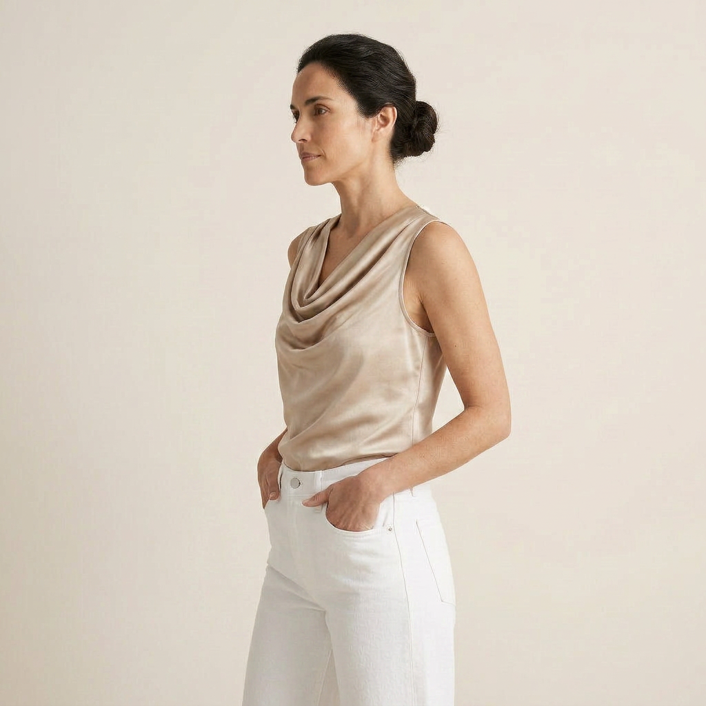 Ladies' Satin Sleeveless Cascade Neck Top with Flowing Fit