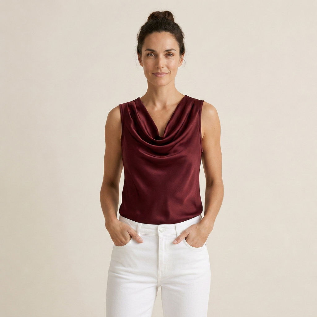 Ladies' Satin Sleeveless Cascade Neck Top with Flowing Fit