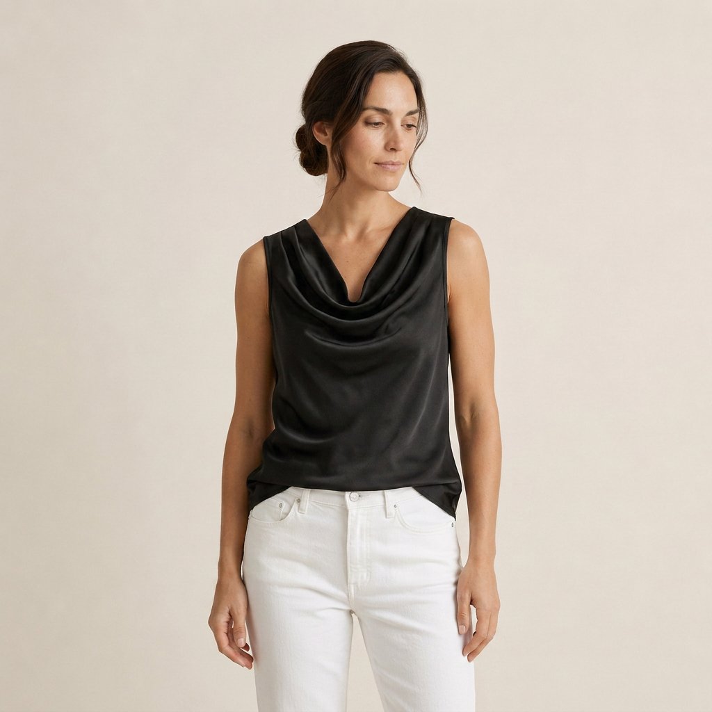 Ladies' Satin Sleeveless Cascade Neck Top with Flowing Fit