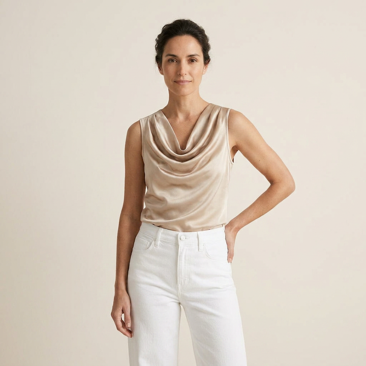 Ladies' Satin Sleeveless Cascade Neck Top with Flowing Fit
