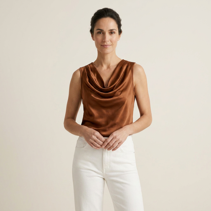 Ladies' Satin Sleeveless Cascade Neck Top with Flowing Fit