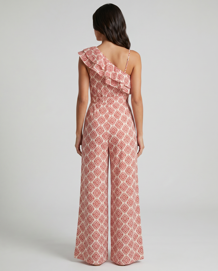 Jimena spring geometric print jumpsuit by Emma & Rose Cape Town, featuring a stylish, vibrant design and modern fit.