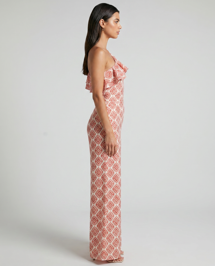 Jimena spring geometric print jumpsuit by Emma & Rose Cape Town, showcasing stylish pattern and tailored fit on a model.