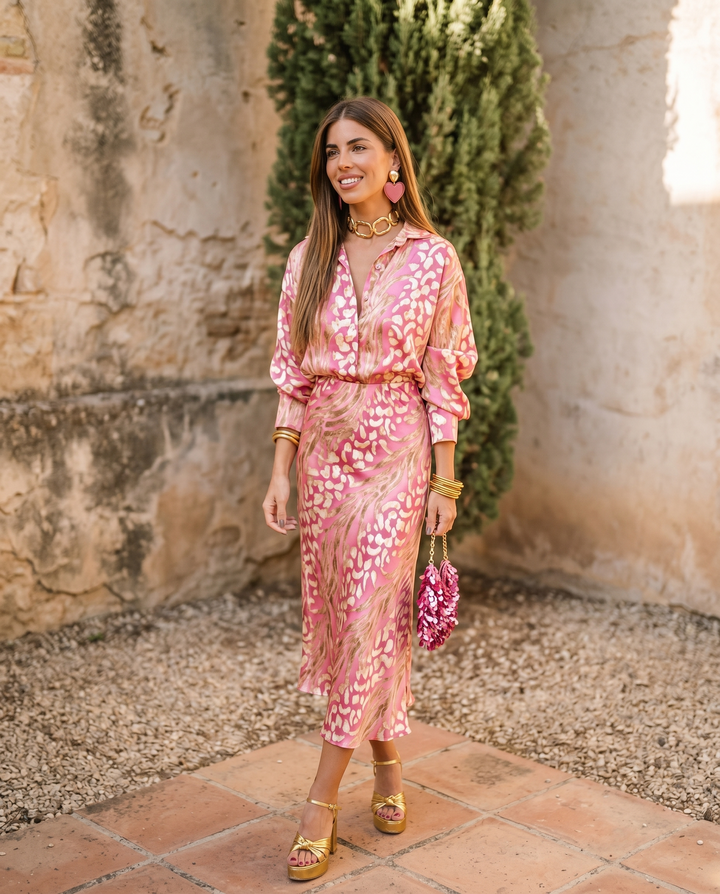 Elegant two-piece event dress by Emma & Rose Cape Town, featuring a flowing design and intricate details.