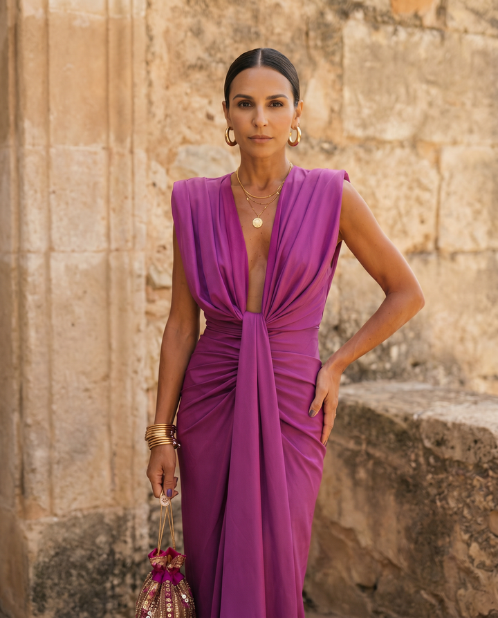 Magnific fiery red draped dress from Emma & Rose Cape Town, featuring flowing fabric and elegant design.