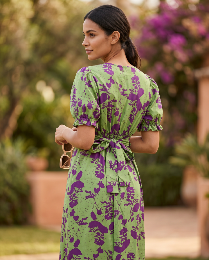 Andrea spring printed dress by Emma & Rose Cape Town, showcasing a colorful floral pattern and flowing fabric.