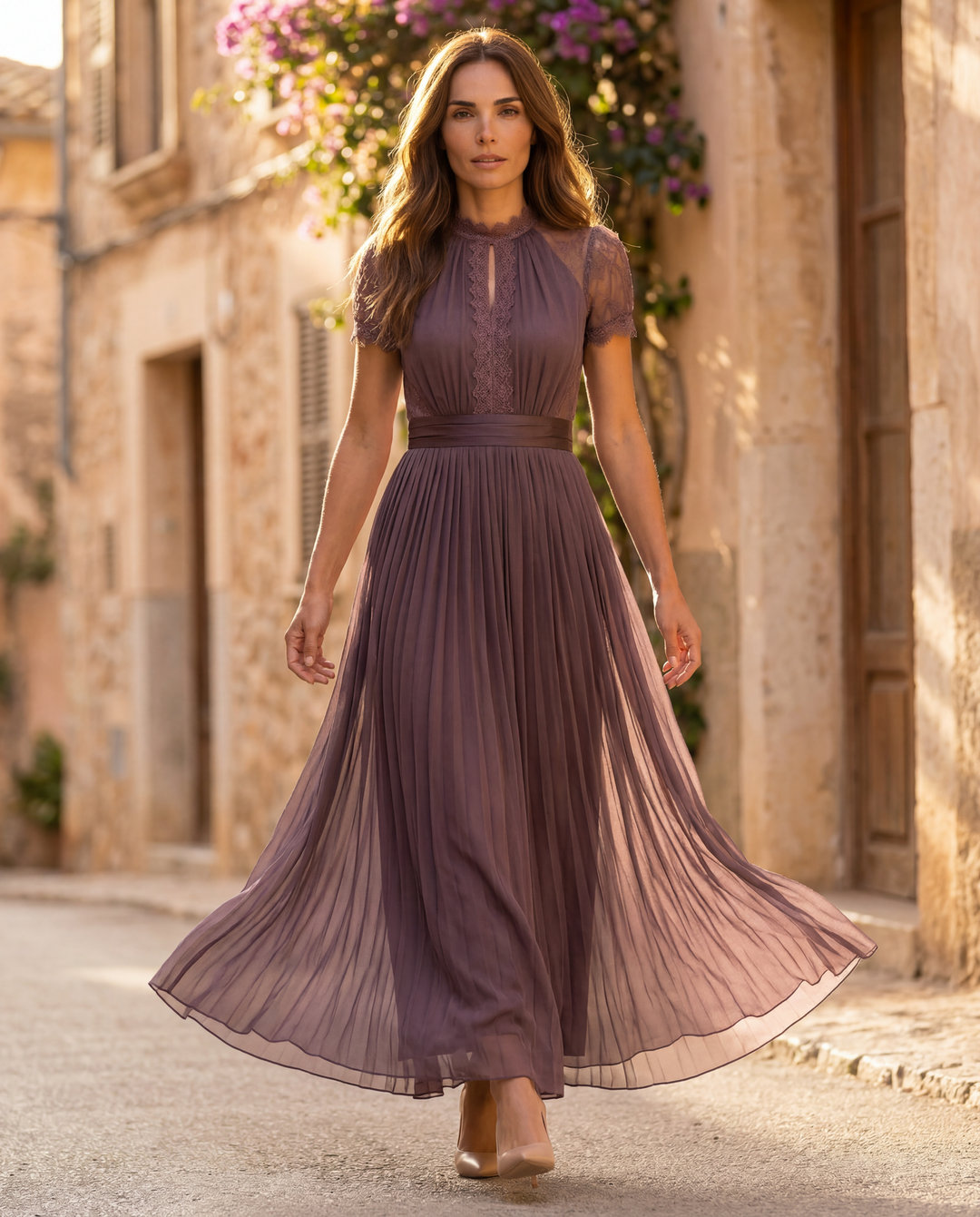 Long purple chiffon dress with keyhole neckline and lace trim by Emma & Rose Cape Town, shown on a model.
