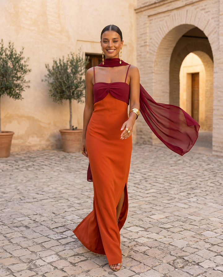 Zahara | Dress in orange with a red neckline