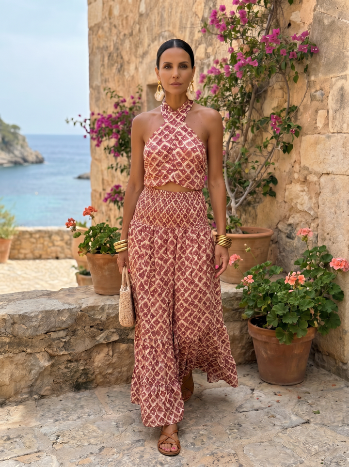 Full-body image of Elsa elegant off-shoulder dress by Emma & Rose Cape Town, showcasing luxurious design and sophisticated style.