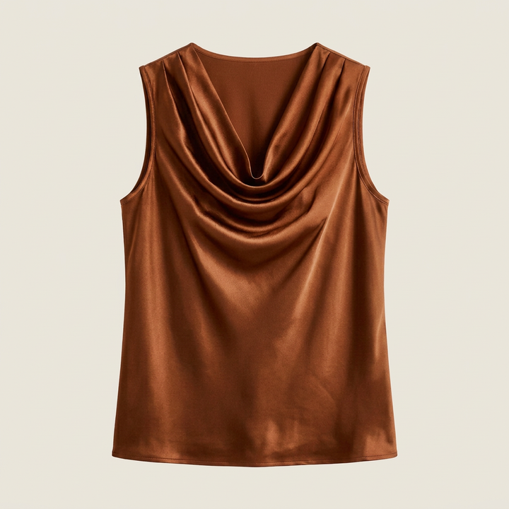 Ladies' Satin Sleeveless Cascade Neck Top with Flowing Fit