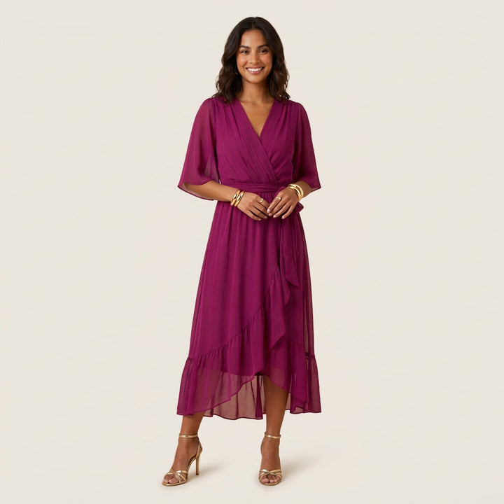 Ladies Midi Dress Wrap Mesh Effect with Ruffle - Elena Harper