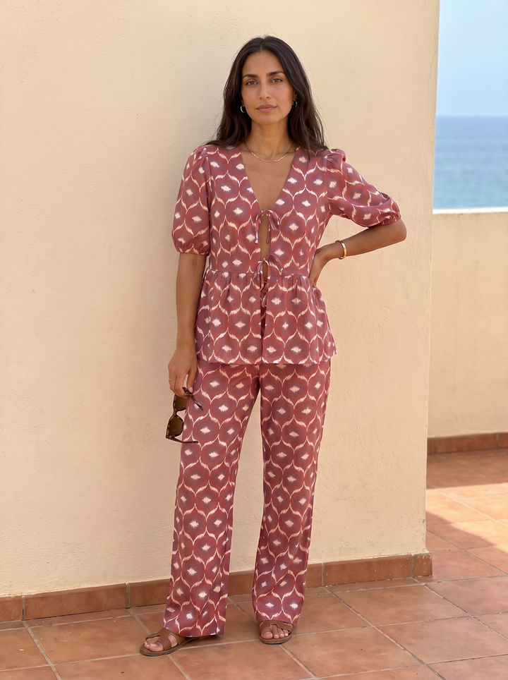 Elegant Leonor casual chic two-piece set by Emma & Rose Cape Town, featuring stylish coordinated top and pants ensemble.