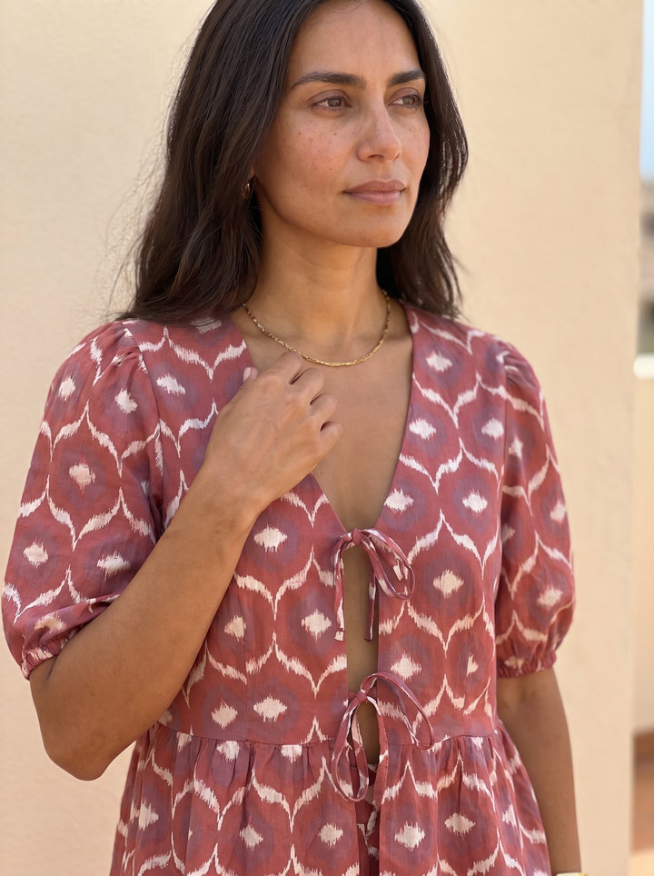 Leonor casual chic two-piece set by Emma & Rose Cape Town, stylish outfit with a top and matching skirt, in a natural pose.
