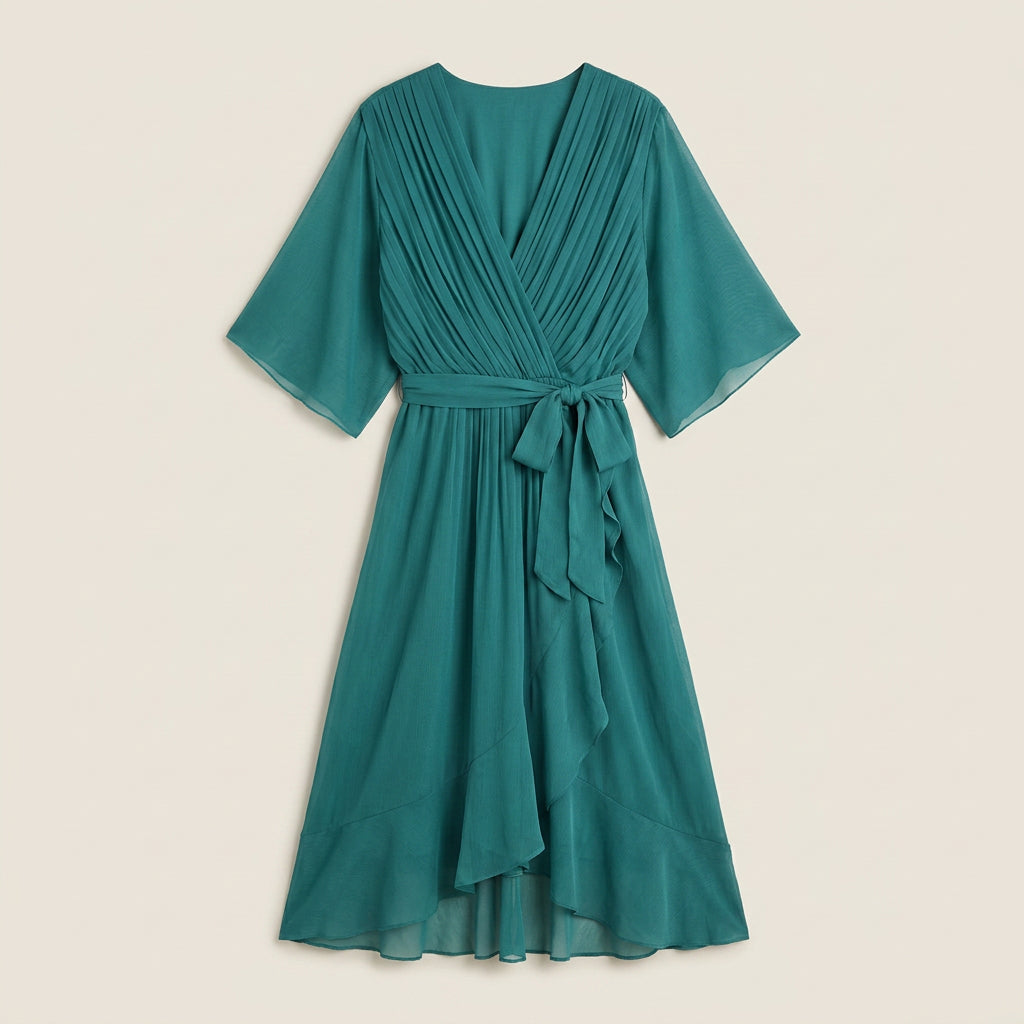 Ladies Midi Dress Wrap Mesh Effect with Ruffle