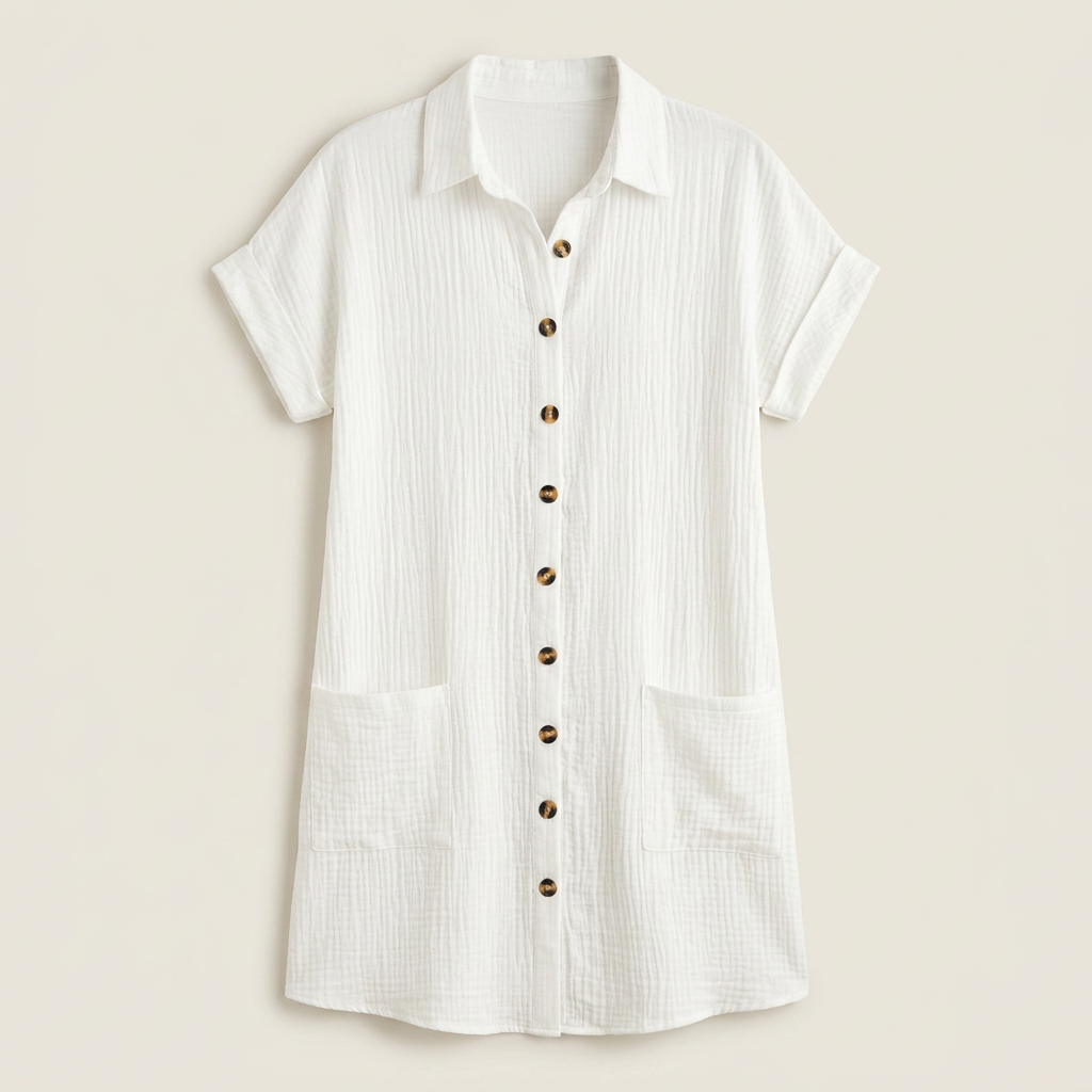Ladies Blouse Dress Cotton Muslin with Wooden Buttons, view 4 - Elena Harper