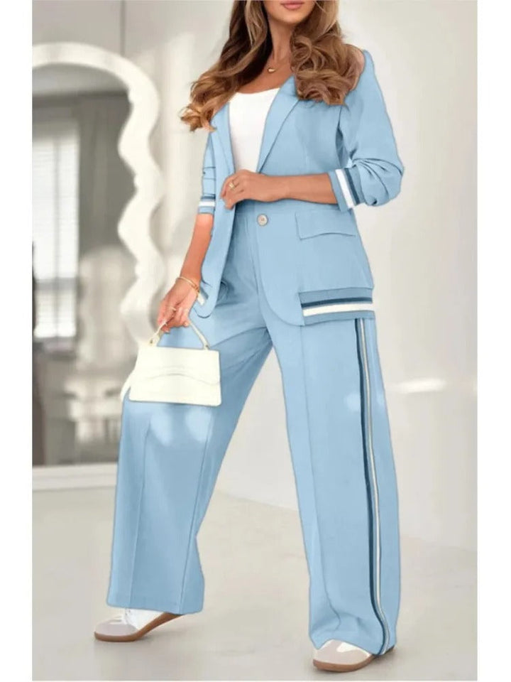 Elegant Comfortable Women's Fitted Blazer Wide Leg Pants 2 Piece Set - Elena Harper