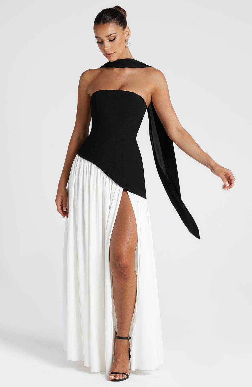 Marisela™ black and white maxi dress by Emma & Rose Cape Town, elegant floor-length dress with sophisticated design.