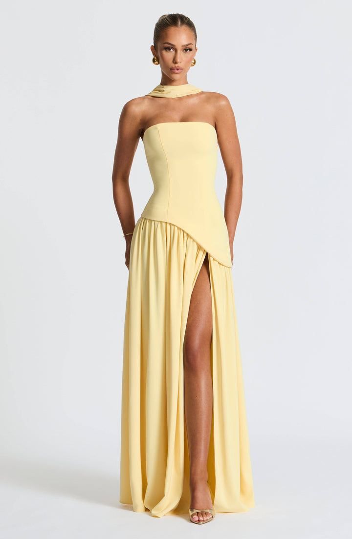 Marisela™ Emma & Rose Cape Town lemon maxi dress with flowy fabric and elegant design, shown on a model.